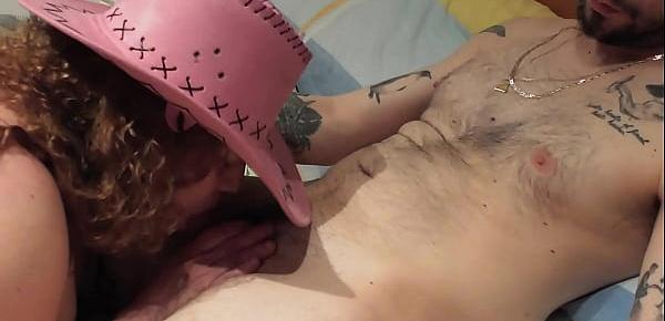  My friend gives me a blowjob with a cowgirl hat